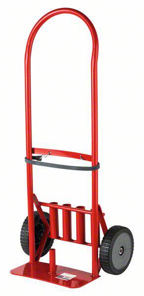 Czerwona taczka z dwoma czarnymi kołami, przeznaczona do transportu ciężkich przedmiotów. Wyposażona w pas zabezpieczający ładunek.