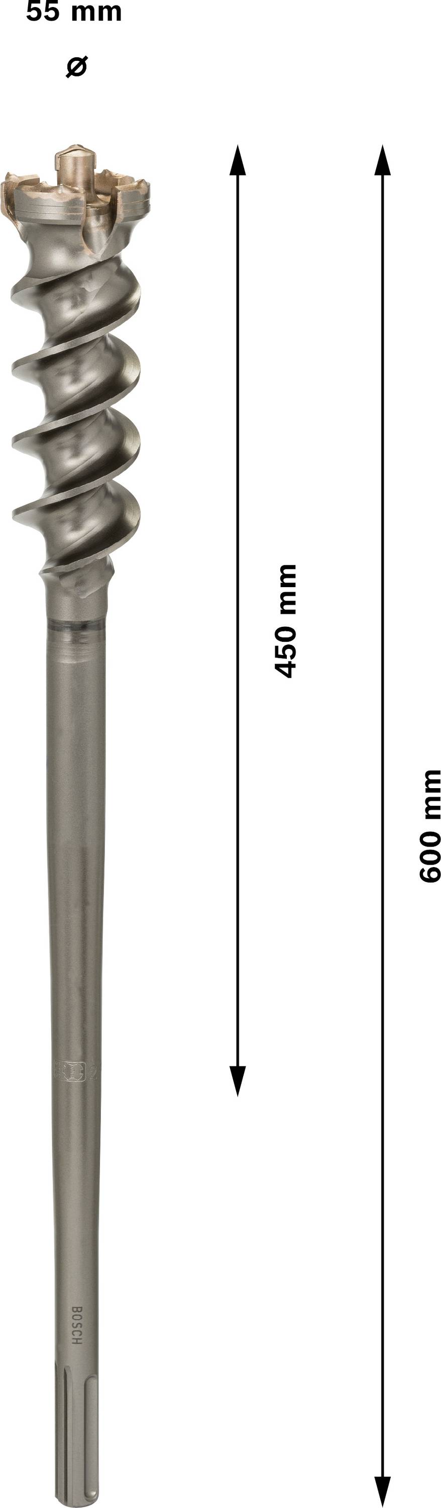 Wiertło o średnicy 55 mm i długości 600 mm, spiralny design z metalowym chwytem. Odpowiednie do głębokiego wiercenia w twardych materiałach.