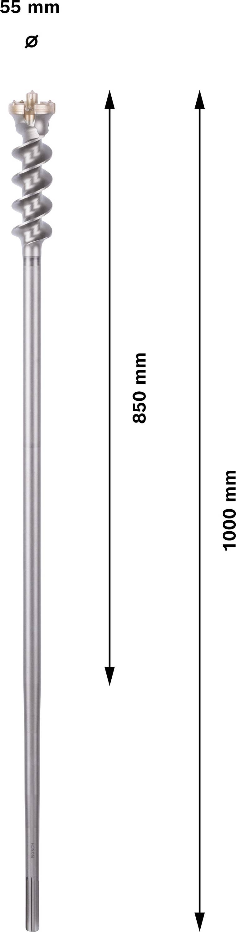 Metalowe narzędzie wiertnicze o całkowitej długości 1000 mm. Głowica wiertnicza ma średnicę 55 mm i długość 849 mm.