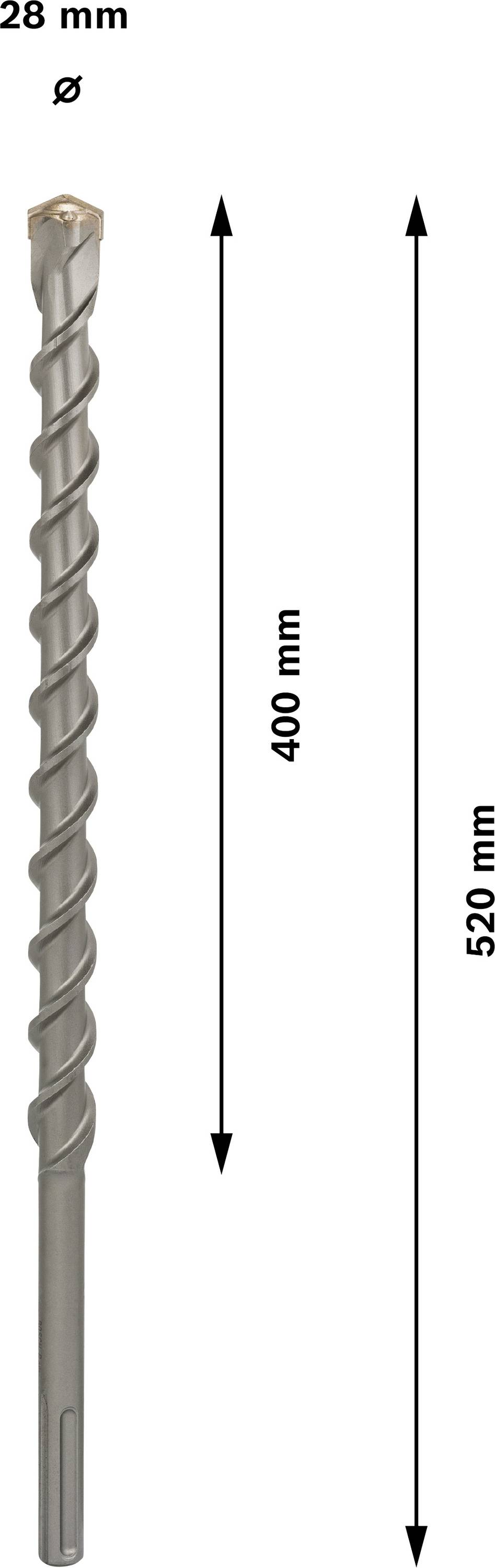 Wiertło o średnicy 28 mm, długość całkowita 520 mm, długość robocza 400 mm. Odpowiednie do profesjonalnych prac wiertniczych.