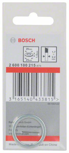 Opakowanie na podkładki Bosch, zawierające etykietę kodów kreskowych i informacje o produkcie. Rozmiar: 26 mm średnicy zewnętrznej, 25 mm średnicy wewnętrznej, 1,7 mm grubości.