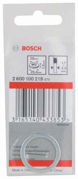 Opakowanie na podkładkę wspierającą Bosch, wymiary: 20 mm średnica wewnętrzna i 25,4 mm średnica zewnętrzna. EAN 3165140433853. Do urządzeń szlifierskich. Wyprodukowano w Chinach.