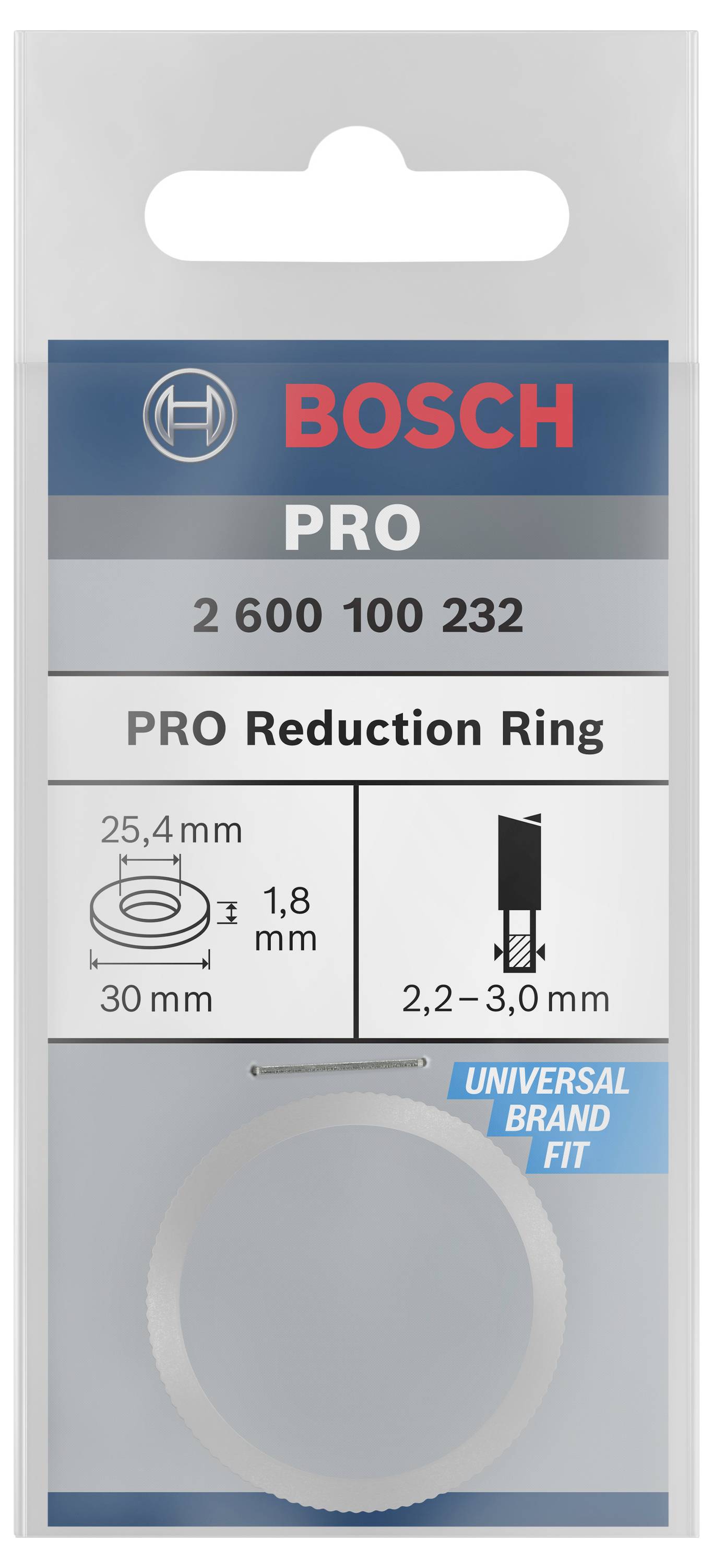 'Pierścień redukcyjny Bosch PRO, z 25,4 mm na 30 mm, grubość 1,8 mm, pasujący do marki uniwersalnej.' Opakowanie produktu z diagramami.