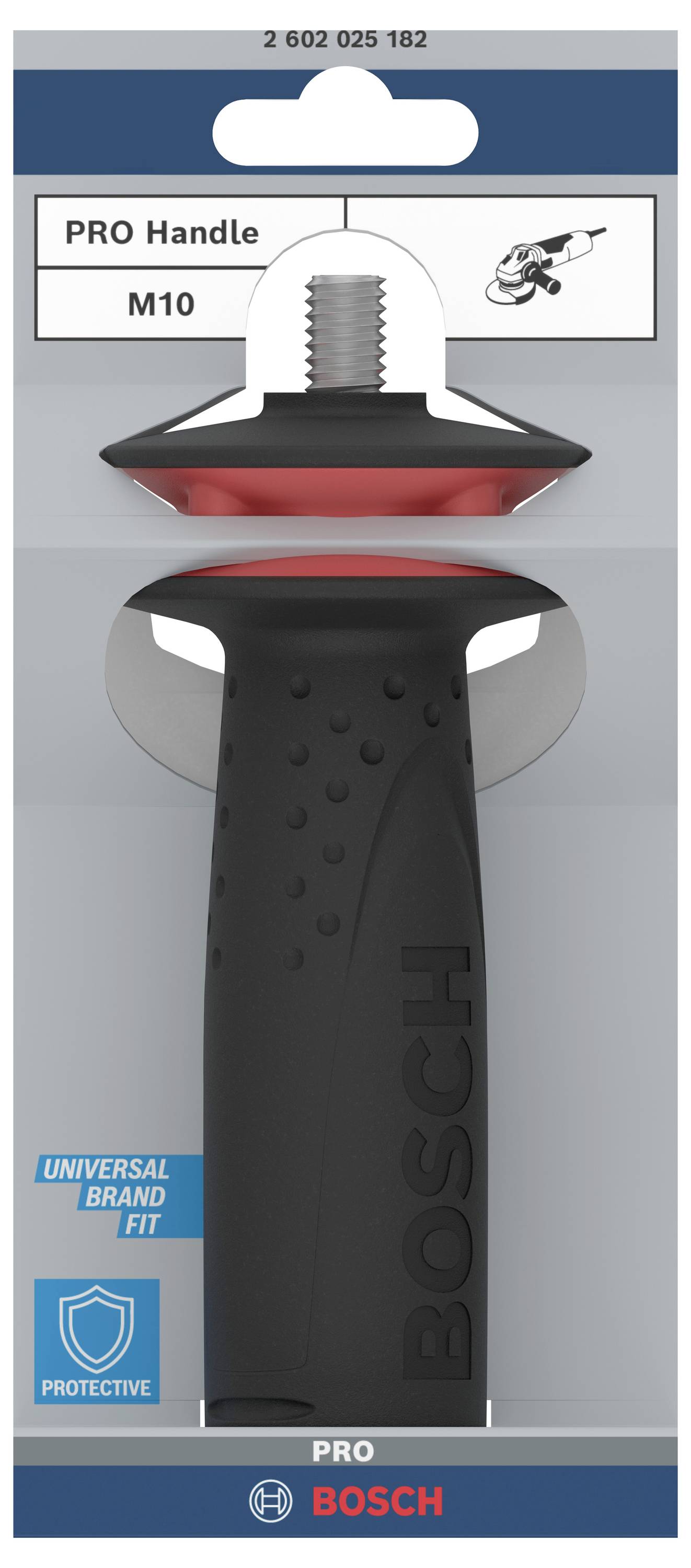 Opakowanie czarnej rękojeści marki Bosch z czerwonym wkładem i gwintem śrubowym, odpowiedniej do różnych narzędzi.