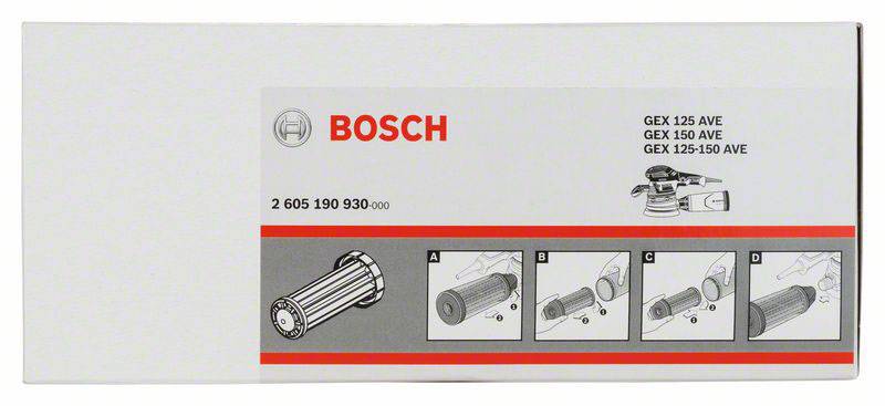 Opakowanie szlifierki marki Bosch z ilustracją produktu i numerami modeli: GEX 125/150/150 AVE.