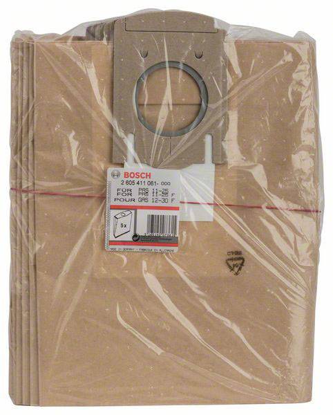 Worki do odkurzacza Bosch, 5 sztuk, brązowy papier, oznaczone etykietą z listą kompatybilności. Zapakowane w przezroczystą folię plastikową.