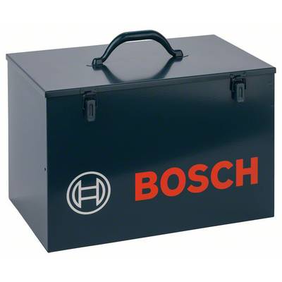 Czarna skrzynka metalowa z czerwonym logo 'BOSCH' i symbolem okrągłym. Skrzynka posiada uchwyt do przenoszenia i dwa zamknięcia.