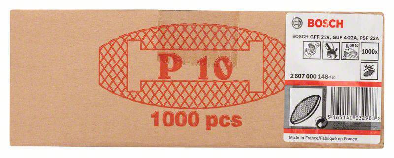 Brązowe opakowanie z napisem 'P10', zawiera 1000 sztuk. Nazwa marki Bosch w prawym górnym rogu. Odpowiednie do specjalnych narzędzi.