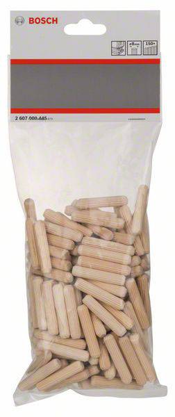 Przezroczysta plastikowa torebka zawiera wiele drewnianych kołków. Na górze widnieje czerwone logo marki 'Bosch'.