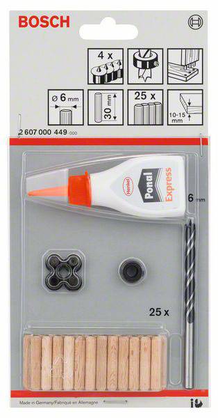 Zestaw naprawczy Bosch do drewna z klejem Ponall Express, kołkami, wiertłem i dystansownikiem. Idealny do precyzyjnych połączeń drewnianych.