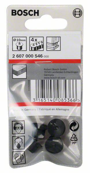 Torebka z czterema czarnymi plastikowymi nakrętkami, logo Boscha na górze. Tekst: 'Leinfelden-Echterdingen, Made in Germany'. Kody kreskowe na dole.