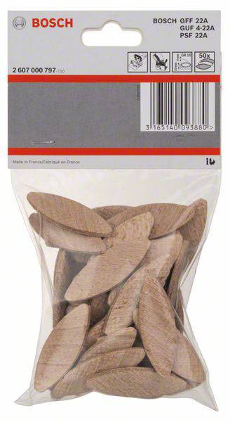Opakowanie 50 sztuk złączek drewnianych marki Bosch, model GFF 22A. Opakowanie z informacjami o produkcie i kodem kreskowym.