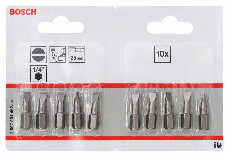 Zestaw 10 bitów śrubokręta Bosch ze szczelną końcówką, 25 mm, odpowiedni do śrub 0,8 x 5,5 mm, napęd 1/4".