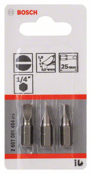 Opakowanie zawierające trzy końcówki wkrętakowe firmy Bosch, długości 25 mm, z różnymi rodzajami główek do szybkiej wymiany bez użycia dodatkowych narzędzi w systemie 1/4 cala.