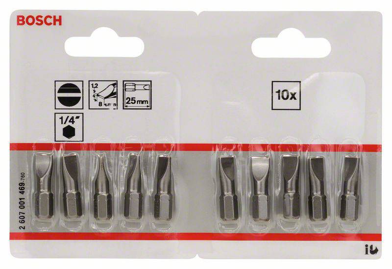 Opakowanie z dziesięcioma płaskimi wkrętakami Bosch, rozmiar 1,4 x 8 mm, długość 25 mm, ułożonymi w dwóch rzędach po pięć wkrętaków.