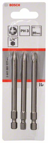 Trzy bity wkrętakowe Bosch PH3 w opakowaniu blisterowym, długość 89 mm, odpowiednie do uchwytów 1/4 cala.