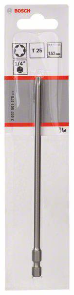 Opakowanie końcówki wkrętakowej Bosch T25, długość 152 mm, z sześciokątnym chwytem 1/4 cala.