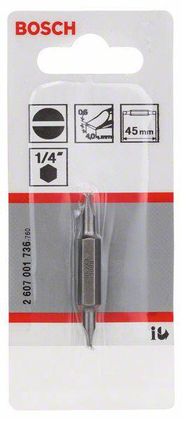 Opakowanie frezu Bosch z uchwytem o średnicy 1/4 cala. Opakowanie przedstawia symbole długości 45 mm, maksymalnej prędkości obrotowej oraz schematyczny rysunek.