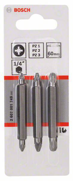 Opakowanie z bitami Bosch do wkrętaków, rozmiar PZ1, PZ2, PZ3, długość 60 mm. Zawiera trzy dwustronne bity do różnych zastosowań śrubowych.
