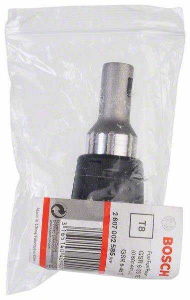 Zapakowana oryginalna część zamienna Bosch T8 do narzędzi wkrętarskich, z kodem kreskowym i informacjami o produkcie na etykiecie.