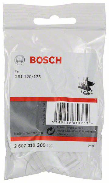 Plastikowa torebka z logo Bosch, zawierająca akcesoria do wyrzygarek GST 120/135. Widoczny kod kreskowy i informacje produkcyjne.