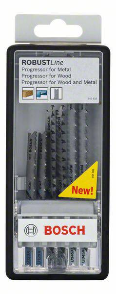 Opakowanie różnych brzeszczotów marki Bosch, odpowiednich do cięcia drewna i metalu, z napisem 'ROBUSTLine'.