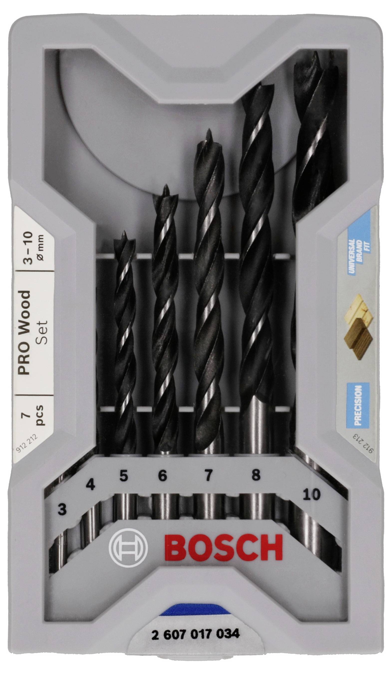 Szary zestaw wierteł Bosch do drewna z siedmioma wiertłami o różnych rozmiarach, oznaczony napisem 'PRO Wood Set, 3-10 mm'.