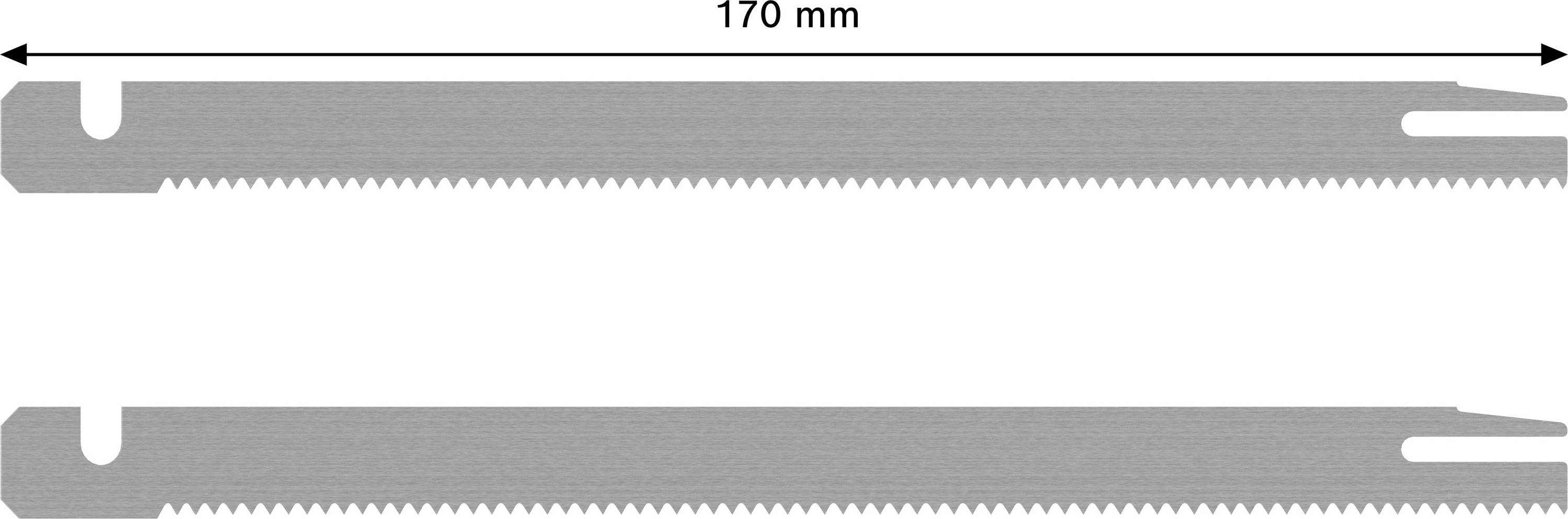 Dwa brzeszczoty do metalu obok siebie, długość 170 mm, z drobnymi zębami. Strzałka wskazuje długość.