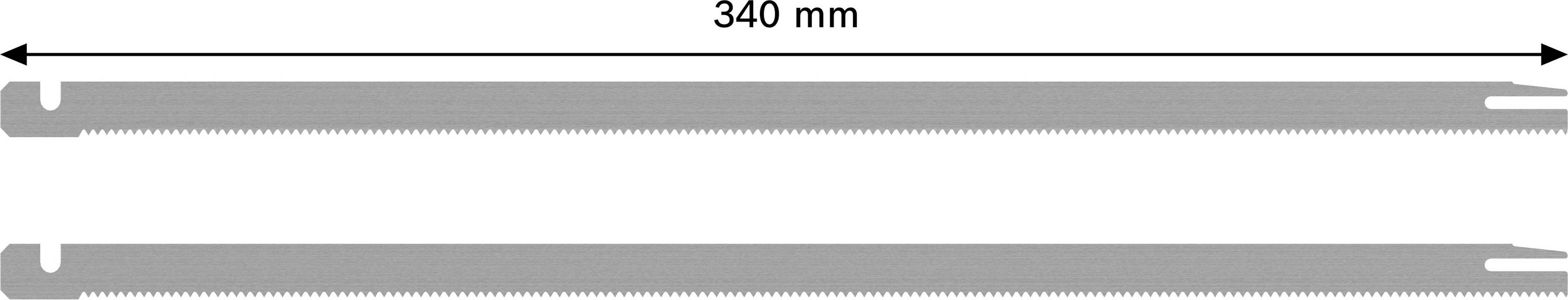 Dwa brzeszczoty piły obok siebie, o długości 340 mm, pokazane za pomocą podwójnej strzałki u góry obrazu.