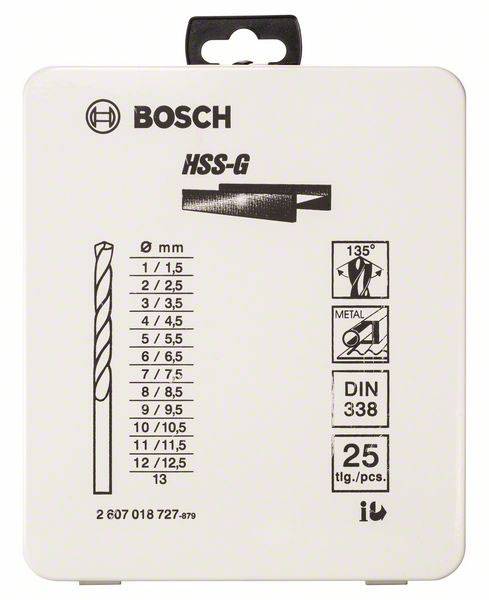 Zestaw wierteł Bosch HSS-G składający się z 25 elementów. Zawarty zakres średnic: 1-13 mm. Odpowiedni do prac metalowych, normowany zgodnie z DIN 338.