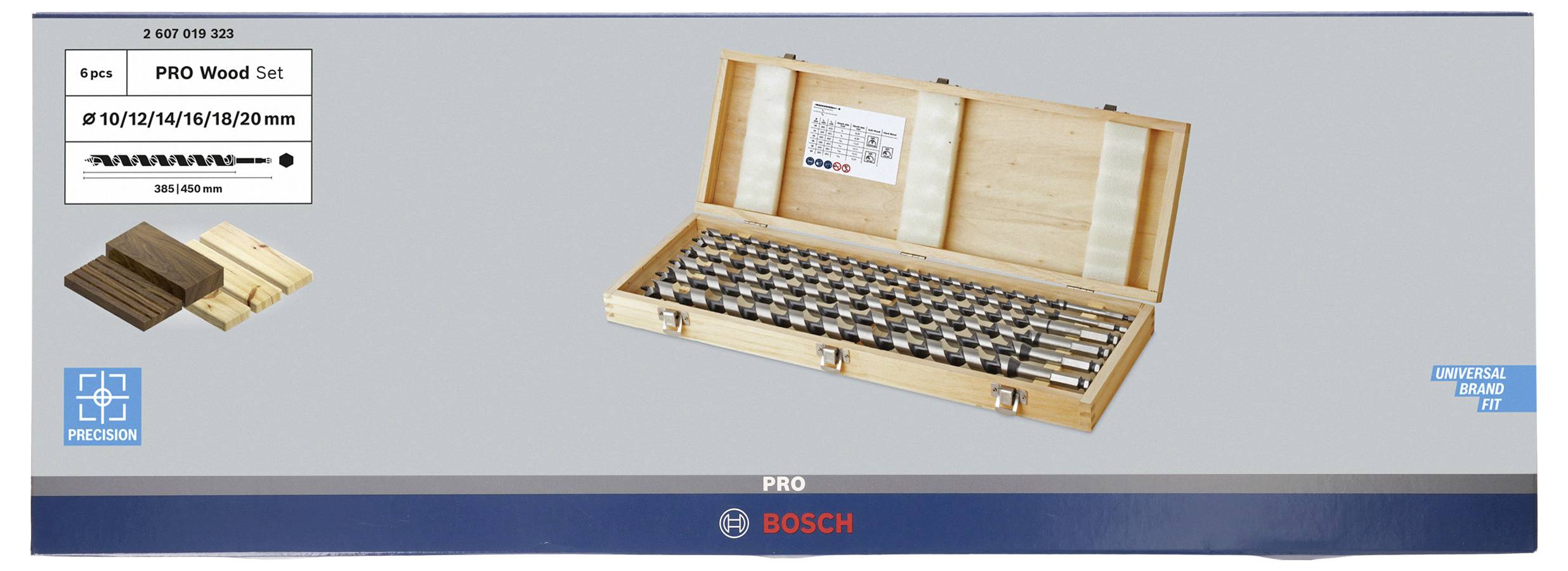 Zestaw wierteł do drewna w drewnianej skrzynce z 6 wiertłami, średnica: 8 do 20 mm. Nazwa marki na dole pośrodku, produkt oferuje precyzję.