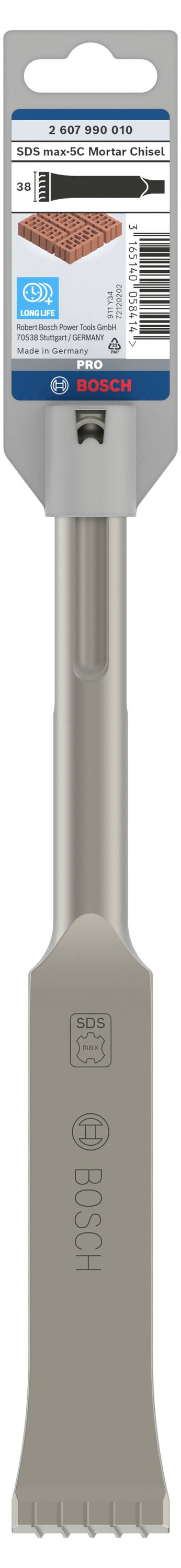 Dłuto do płytek BOSCH; 40 x 260 mm SDS-plus w opakowaniu. Odpowiednie do usuwania płytek. Obraz przedstawia narzędzie z etykietą opakowania.