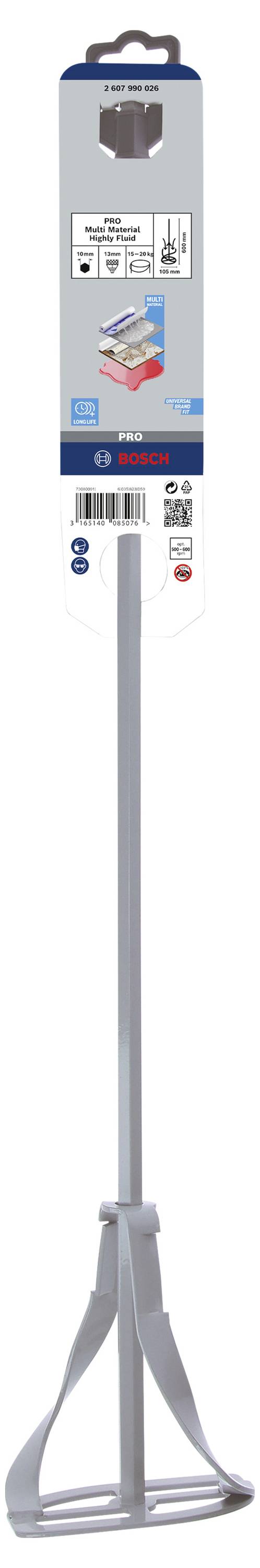 Długi mieszadło do wiertarek, odpowiednie do mieszania farb, klejów, zapraw i mas szpachlowych, etykieta marki u góry.