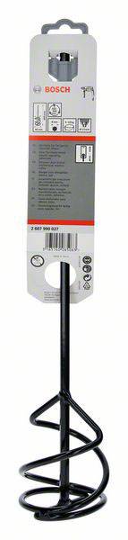 Mieszadło Bosch do wiertarek, odpowiednie do mieszania farb i materiałów. Opakowanie przedstawia symbole zastosowań.