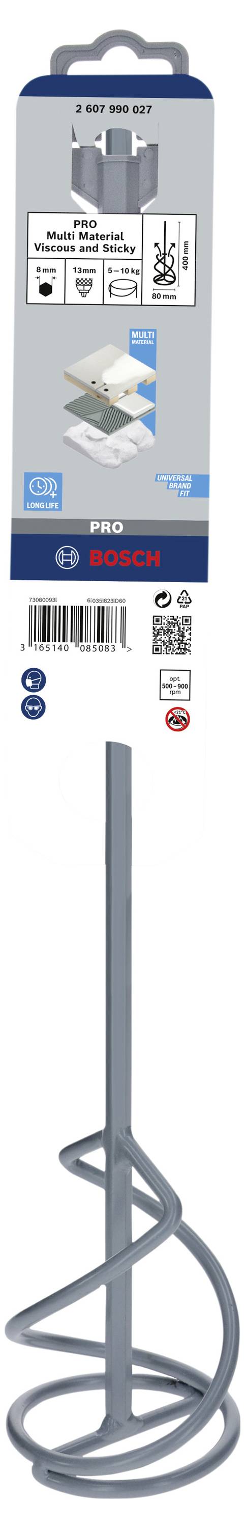 Mieszadło do zaprawy Bosch, odpowiednie do zaprawy do płytek i gipsu, z trzpieniem sześciokątnym 10 mm. Opakowanie przedstawia zastosowania i szczegóły techniczne.