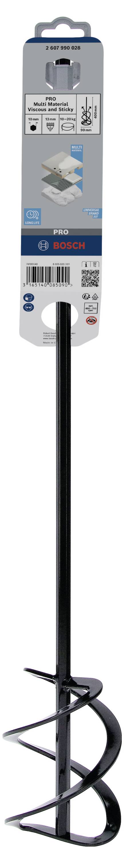 Długi czarny mieszadełko z spiralną głowicą mieszającą. Górna część pokazuje informacje o produkcie i logo marki.