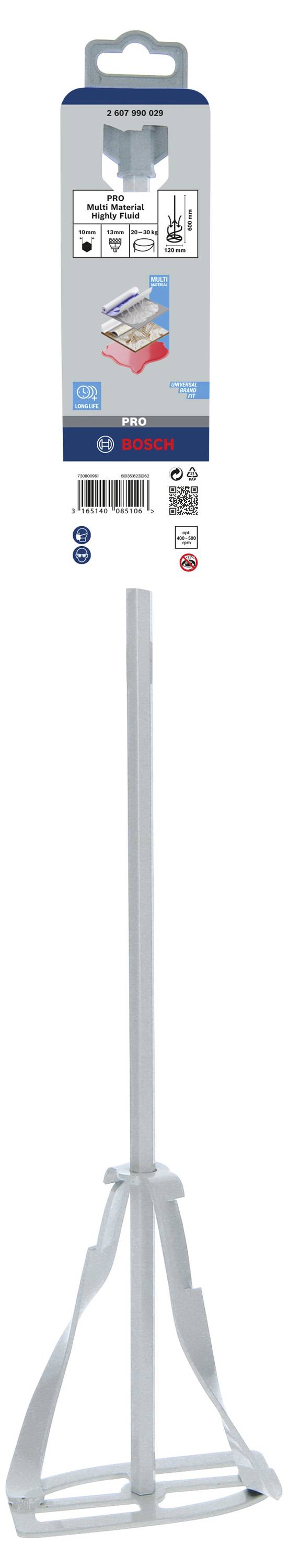 Biały mieszadło do wiertarek z zawieszką. Odpowiednie do farb i zapraw. Opakowanie przedstawia szczegóły produktu i przykłady zastosowania.