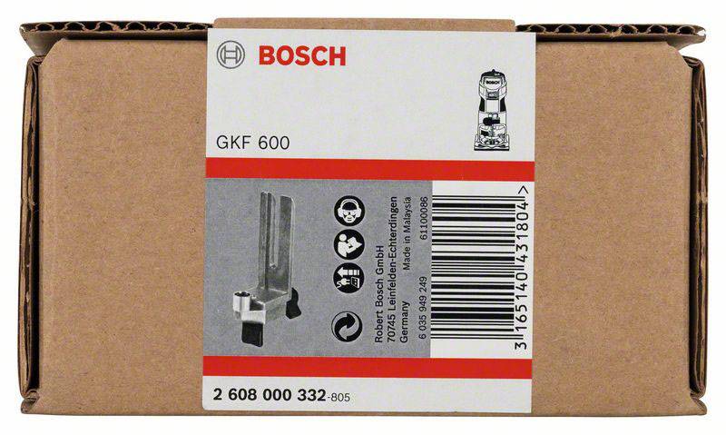 Karton z logo Bosch i naklejką produktową dla frezarki krawędziowej, model GKF 600. Zawiera ilustrację narzędzia.
