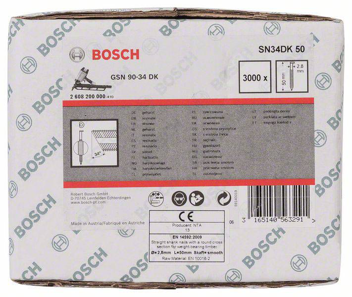 Opakowanie gwoździ Bosch, model GSN 90-34 DK, 3000 sztuk po 34 stopnie. Wymiary: 90 mm długości, 3,1 mm średnicy. Wyprodukowano w Australii.
