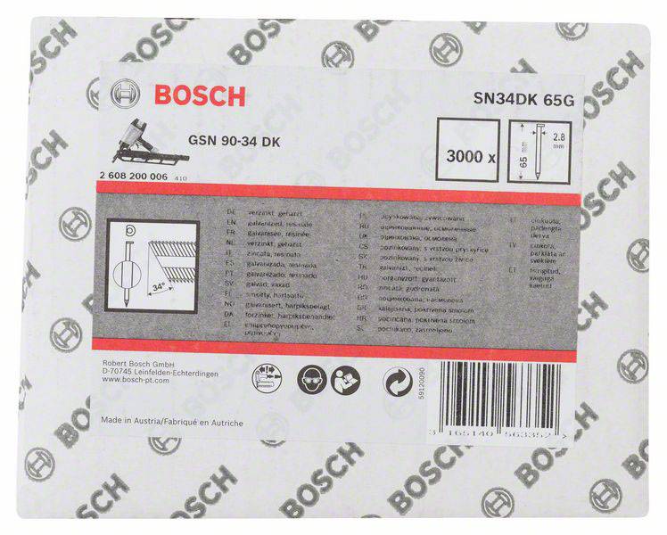 Opakowanie gwoździ 'Bosch' do gwoździarki GSN 90-34 DK, 34 stopnie, 3.000 gwoździ, wymiary: 2,8x65mm. Zawiera szczegółowe informacje o produkcie.