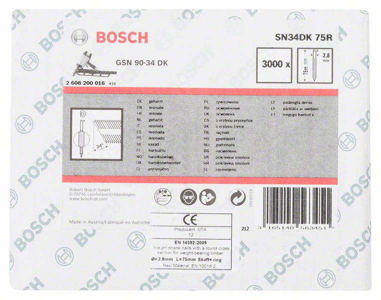 Etykieta z logo 'BOSCH', numerem produktu SN34DK 75R oraz tabelą określającą długość gwoździ, rodzaj główki i pojemność. Zawiera wskazówki bezpieczeństwa.