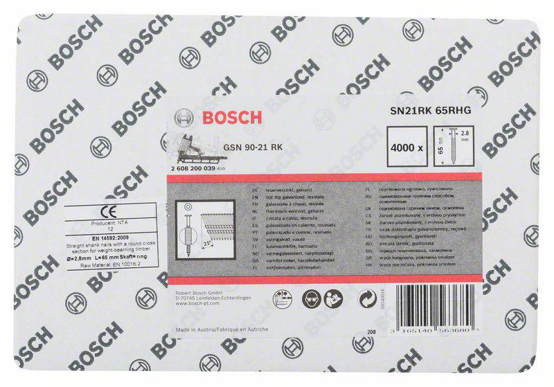 Etykieta produktu Bosch z numerami modelu i szczegółami technicznymi, w tym mocą 4000 W i krajem produkcji Austria.