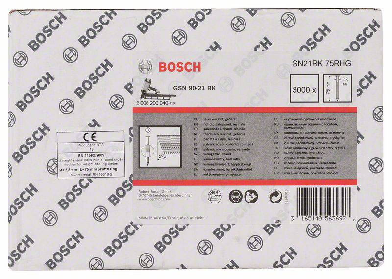 Opakowanie pistoletu gwoździowego Bosch, model GSN 90-21 RK, zawierające informacje dotyczące bezpieczeństwa, adres producenta oraz ilustrację gwoździa.