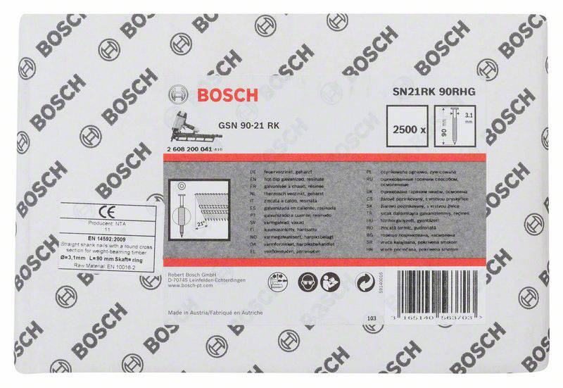 Opakowanie zmywarki Bosch o numerze modelu SN21RK 90RH, wymiary produktu 2500 x 21, etykieta energetyczna i oznaczenie CE.