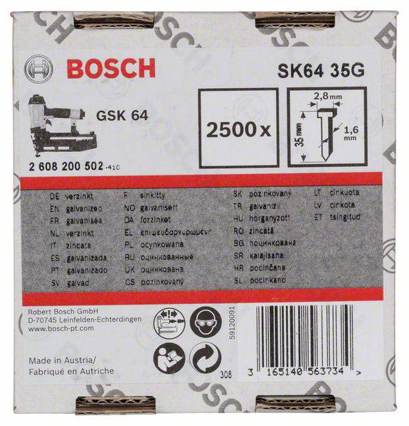 "Bosch SK64 35G GSK 64, 2500 gwoździ, 2,8 mm, 1,6 mm" na opakowaniu, z symbolami i tekstem w wielu językach, do techniki mocowań.