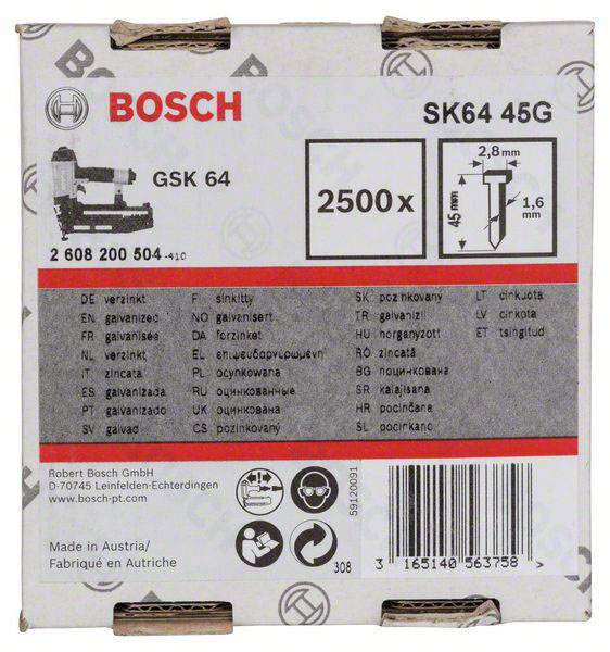 Karton gwoździ Bosch, model GSK 64, 2500 sztuk, rozmiar 2,8 mm x 64 mm. Zawiera informacje producenta i symbole zastosowania.