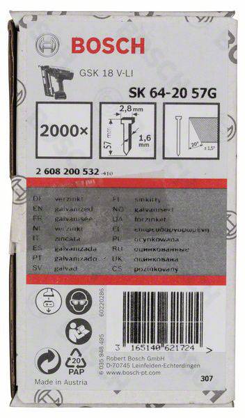 Mocownik do gwoździ 'Bosch' ze specyfikacjami: 2000 sztuk, średnica 2,8 mm, długość 57 mm. Wyprodukowany w Austrii.