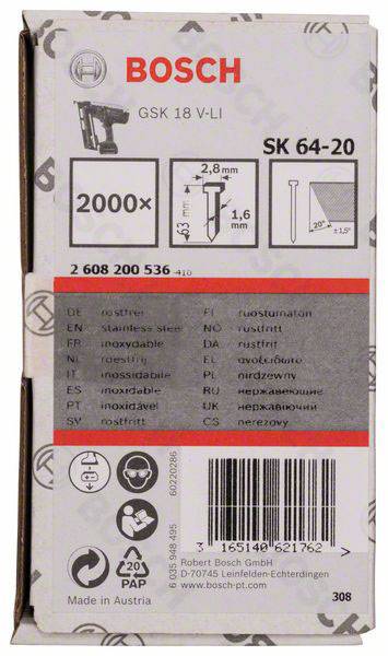 'Bosch Pistolet do gwoździ GSK 18 V-LI, gwoździe SK 64-20: 2000x, 2,8mm, 1,6mm. Wyprodukowane w Austrii. Dane kontaktowe: Robert Bosch GmbH.'
