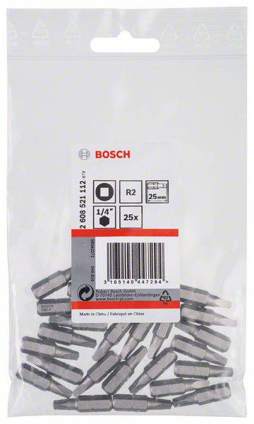 Plastikowa torebka z 25 bitami Bosch Universal, rozmiar R2, 1/4 cala. Opakowanie stoi i wyraźnie prezentuje informacje o produkcie.