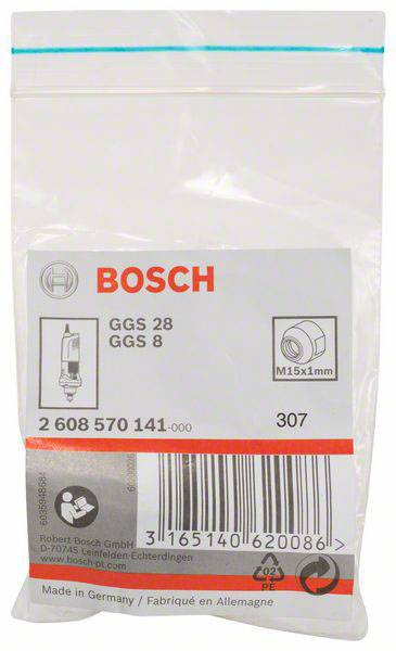Opakowanie z tworzywa sztucznego z logo Bosch, przedstawiające numery modeli 'GGS 28', 'GGS 8' oraz rozmiar gwintu 'M15x1mm'. Zawiera szczegóły produktu.
